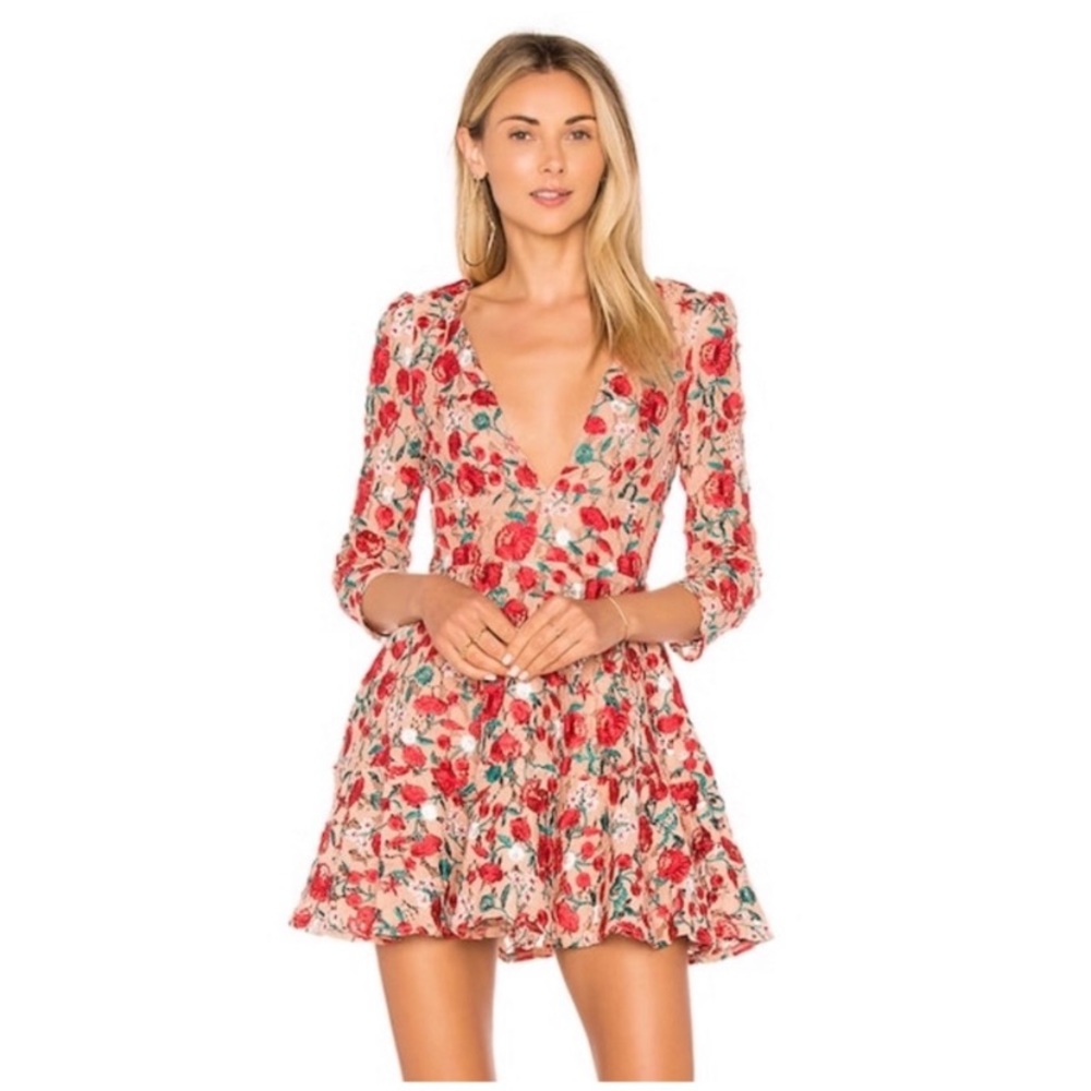 Lovers + Friends Vira Floral Embroidered Mini Dress in Dark Nude - XXS